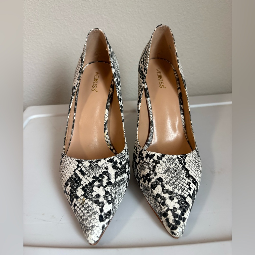 WetKiss Black and White Snakeskin Heels